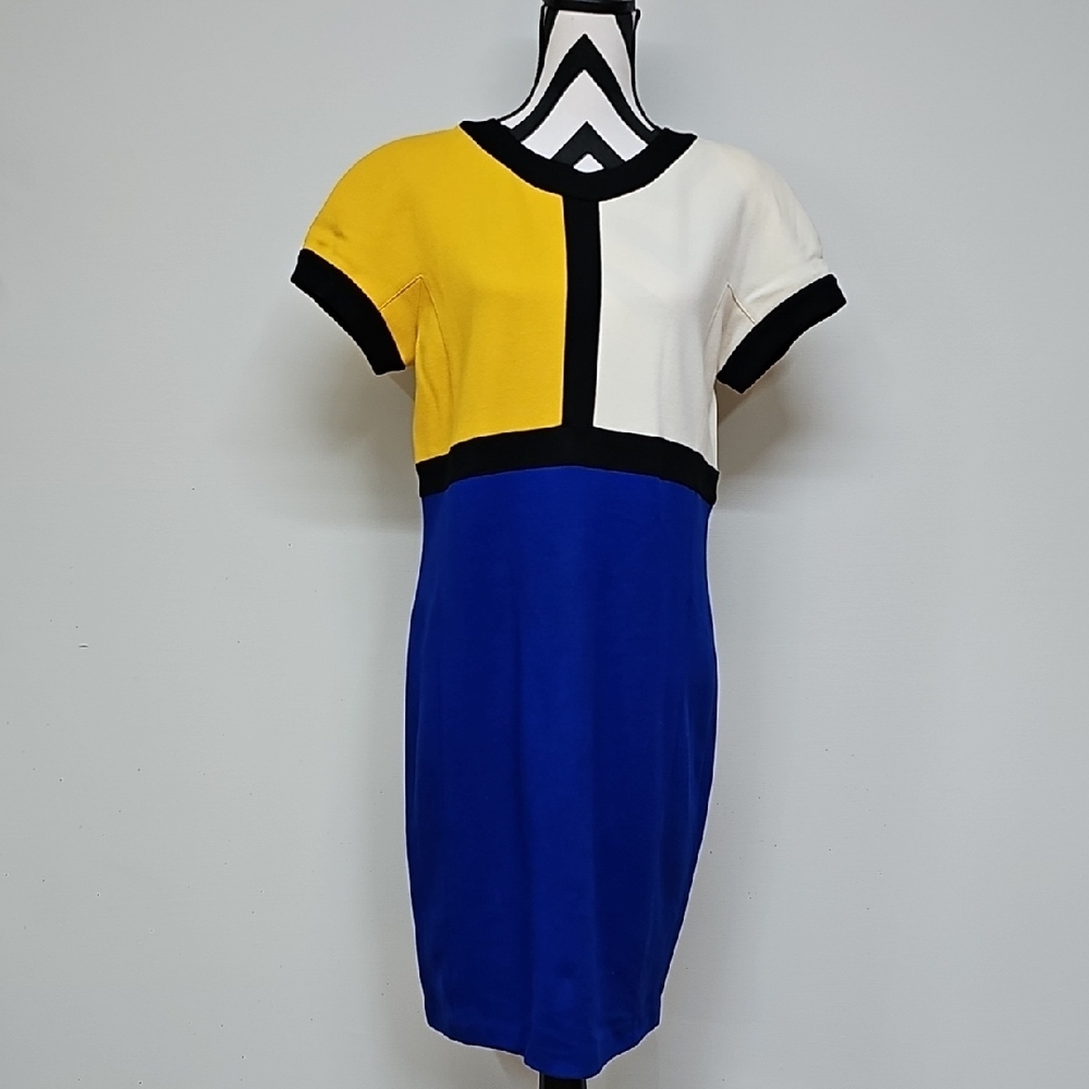 Adrienne Vittadini 90s Colorblock Short‎ Sleeve Pencil Dress Button Up Back